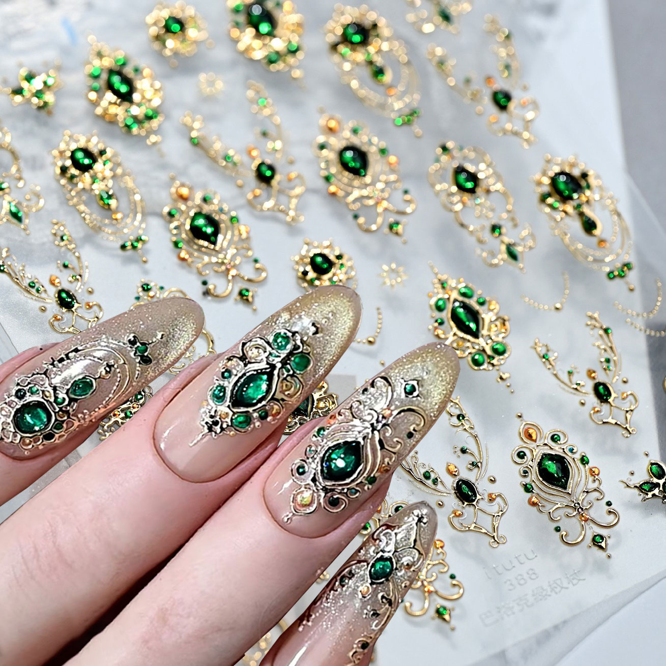 Nail Art Emerald Green - 5D Embossed Emerald Gemstones Nail Art